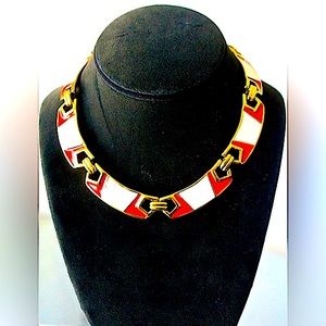 MONET NECKLACE RED CREAM GOLD LINK VINTAGE 8 LINK